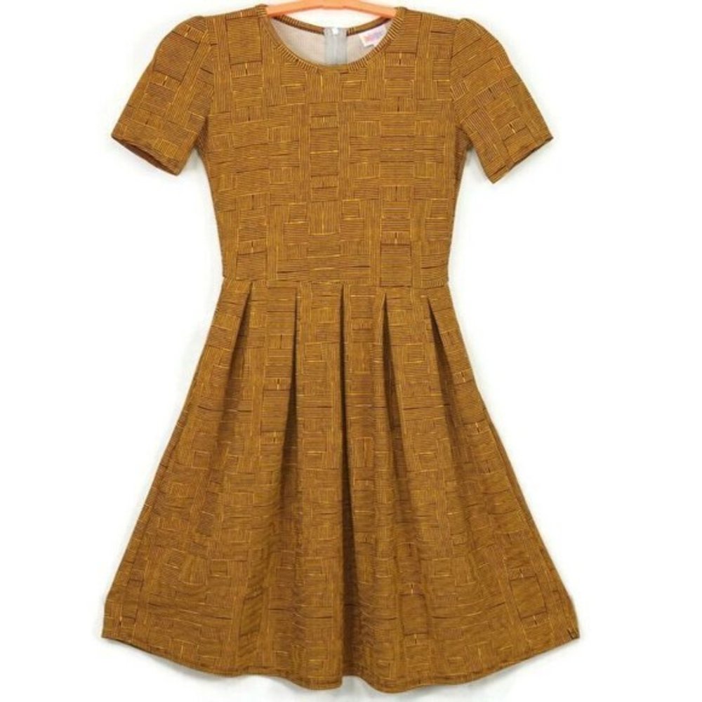 LuLaRoe Amelia Fit & Flare Dress Gold Yellow Brown‎ Pockets S Small